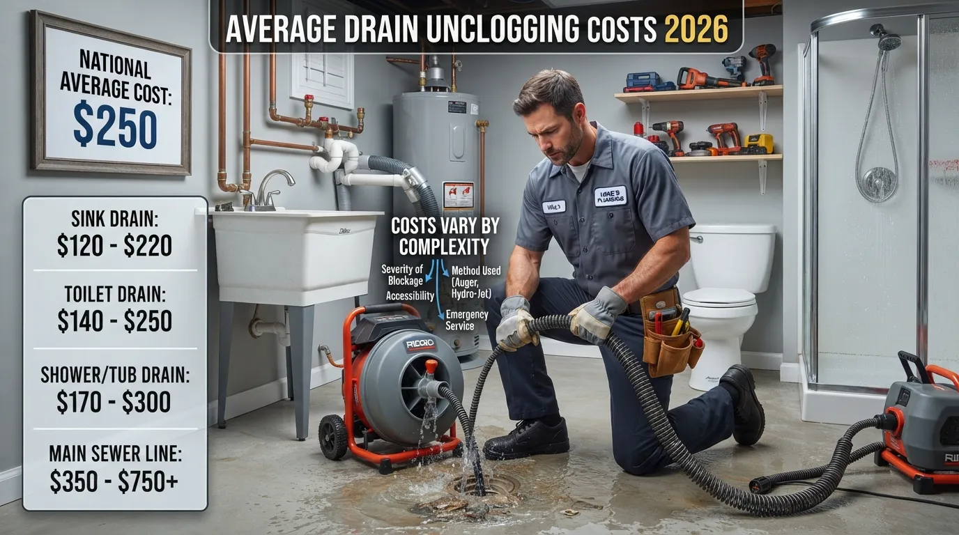 2026 drain unclogging cost guide showing typical plumber prices for clearing different types of clogged drains.