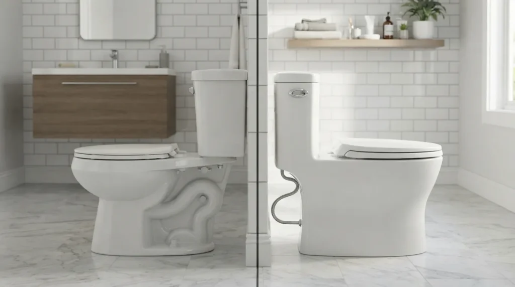 Side-by-side comparison of a cheap toilet and an expensive toilet showing differences in build quality, flushing system, design, comfort, and overall finish.