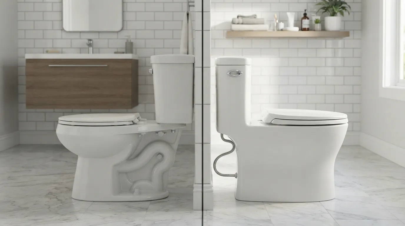 Side-by-side comparison of a cheap toilet and an expensive toilet showing differences in build quality, flushing system, design, comfort, and overall finish.