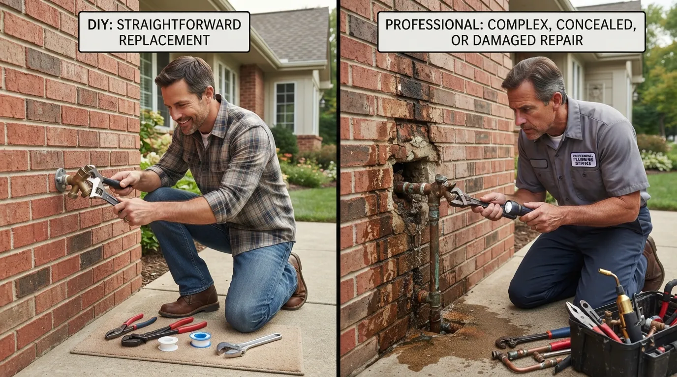 Homeowner comparing DIY outdoor spigot replacement with hiring a plumber, showing a simple threaded faucet repair on one side and a professional handling a complex pipe connection on the other.