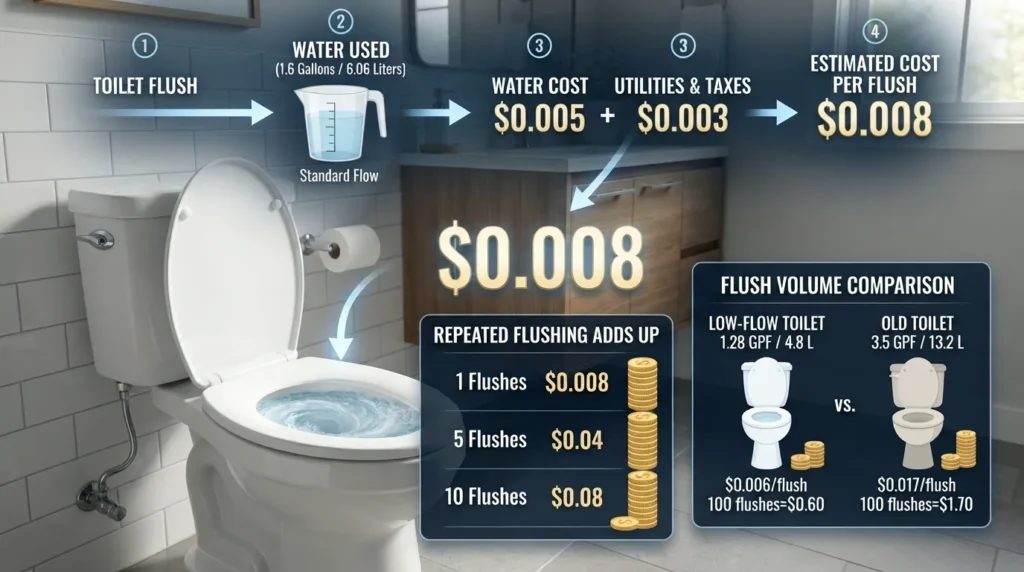 Visual breakdown showing the real cost of flushing a toilet, including water used per flush, utility charges, and how those costs add up.