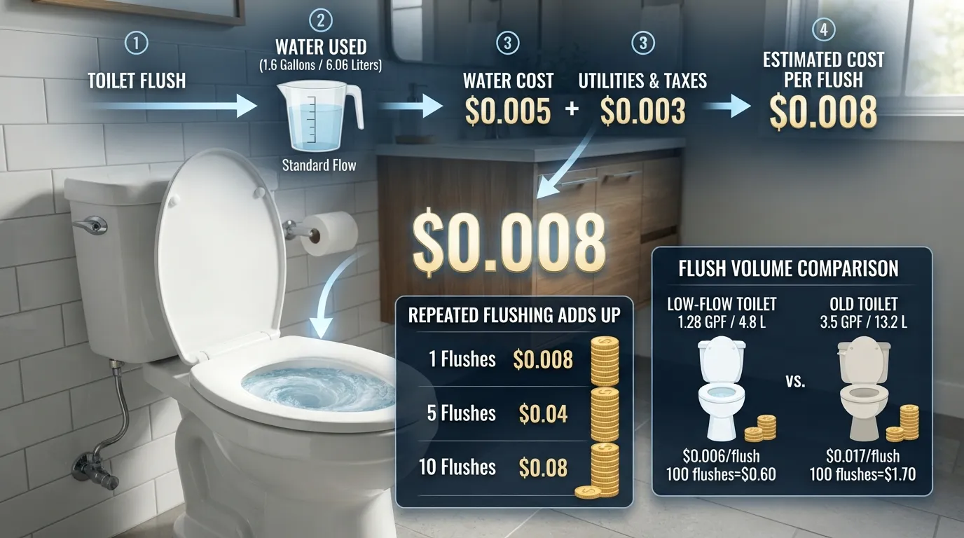 Visual breakdown showing the real cost of flushing a toilet, including water used per flush, utility charges, and how those costs add up.