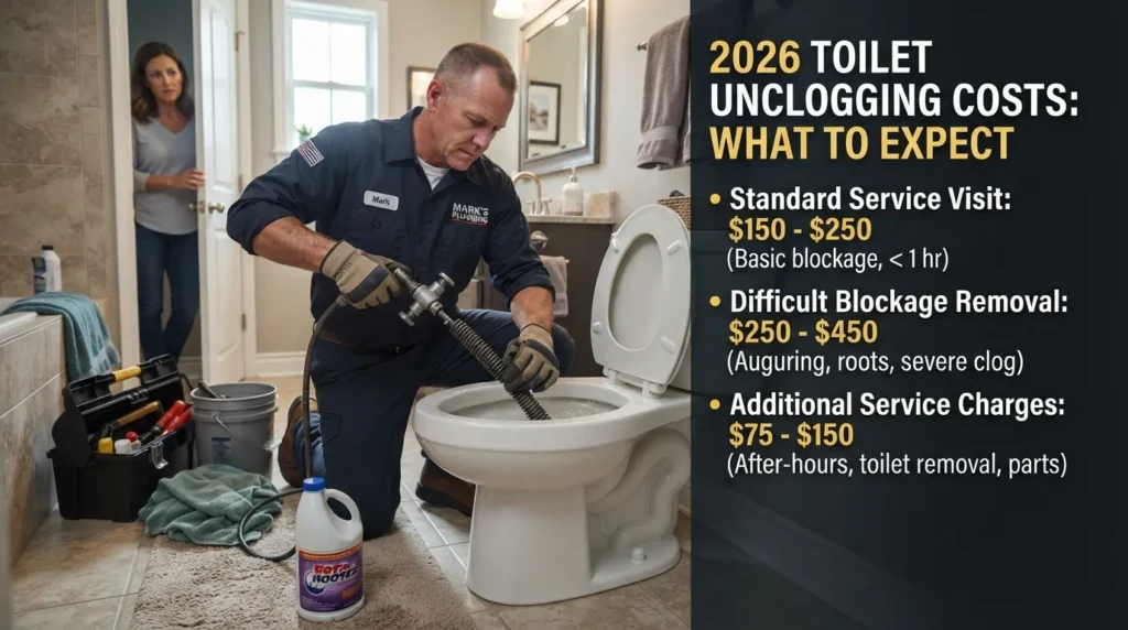 Plumber unclogging a toilet in a home, illustrating typical 2026 toilet unclogging service costs and pricing factors.