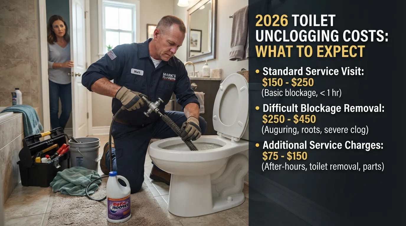 Plumber unclogging a toilet in a home, illustrating typical 2026 toilet unclogging service costs and pricing factors.