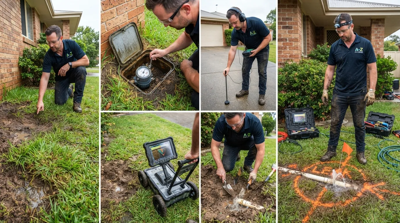 Plumber locating an underground water leak through a step-by-step inspection and leak detection process.