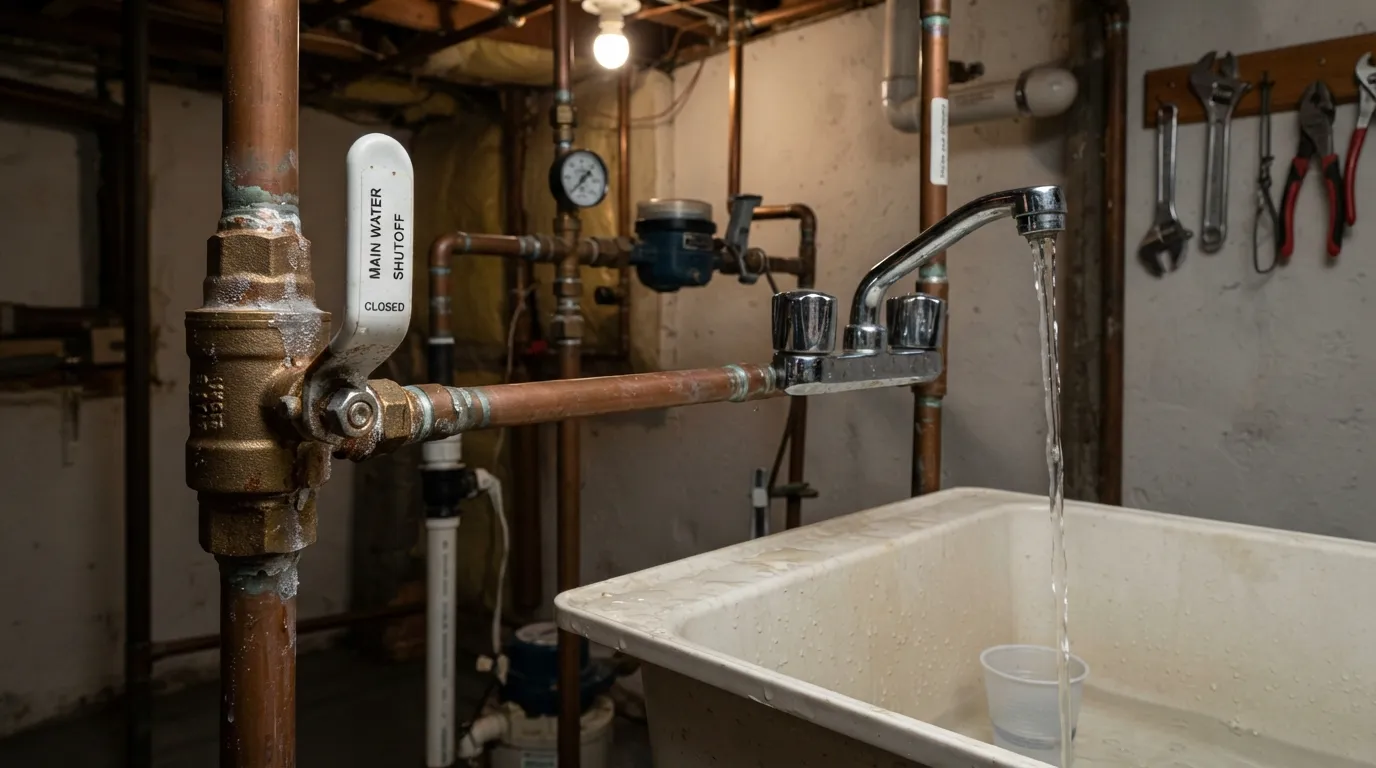 Home water shutoff valve turned off while water still flows from a faucet, showing possible causes and the steps to check the plumbing problem.