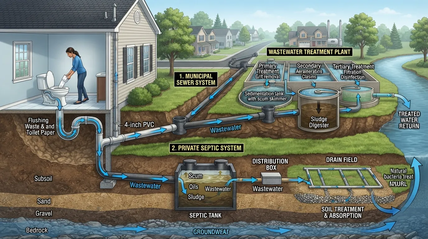 Diagram showing toilet waste traveling from the toilet through home drain pipes to either a sewer system and wastewater treatment plant or a septic tank and drain field.