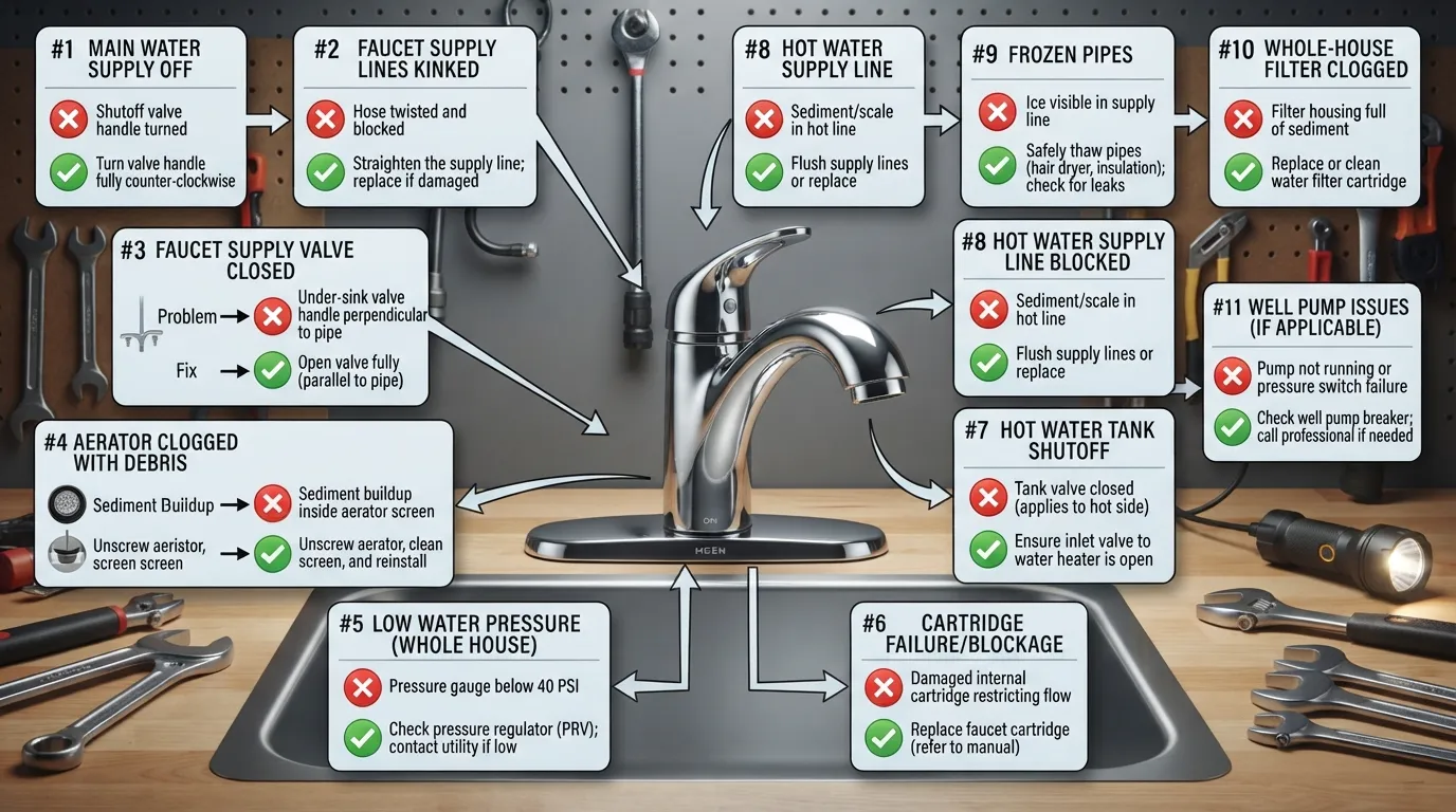 Real faucet with no water flowing, shown with 11 numbered cause-and-fix callouts explaining why a faucet may stop producing water and how each problem can be addressed.