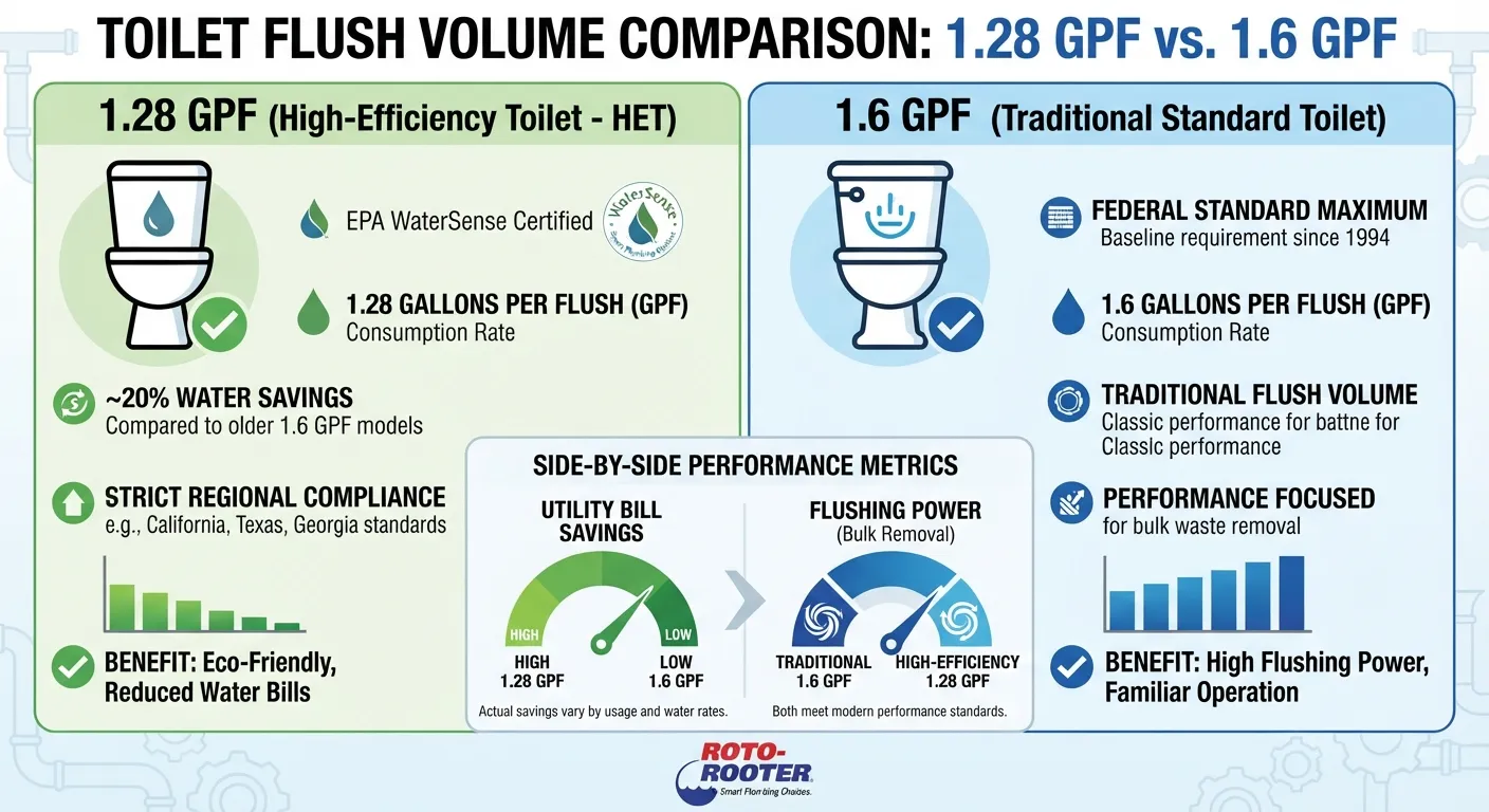 Infographic comparing 1.28 GPF and 1.6 GPF toilet water usage, regulations, and flushing performance side-by-side.