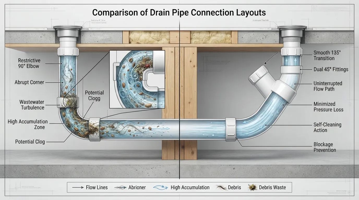 Technical diagram comparing a sharp 90-degree plumbing elbow with a smooth 135-degree pipe bend configuration used in drainage systems to prevent clogs. 