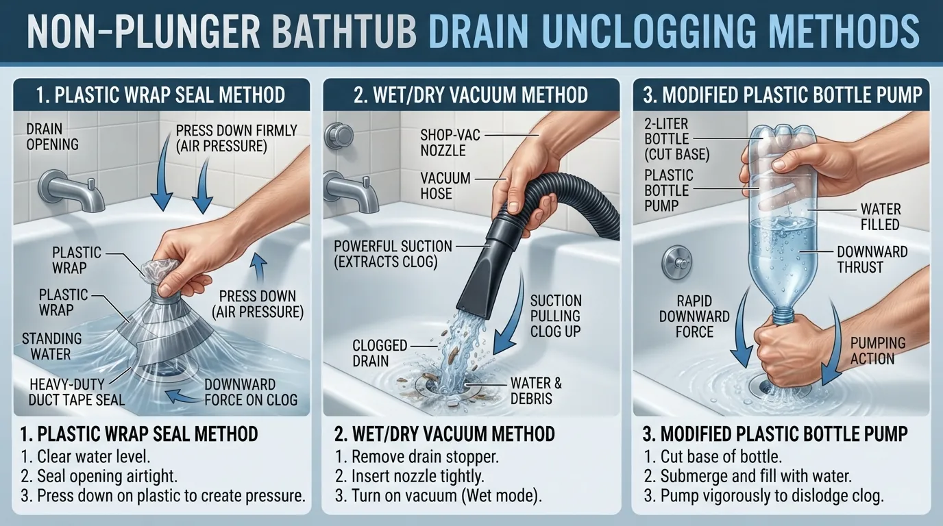 Alternative DIY tools and household items like plastic wrap and shop vacuum used to unclog a bathtub drain without a plunger