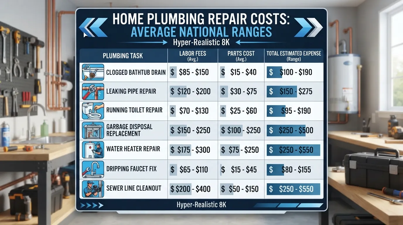 Detailed breakdown chart showing average repair costs for common plumbing issues like clogged drains, pipe leaks, and fixture replacements.