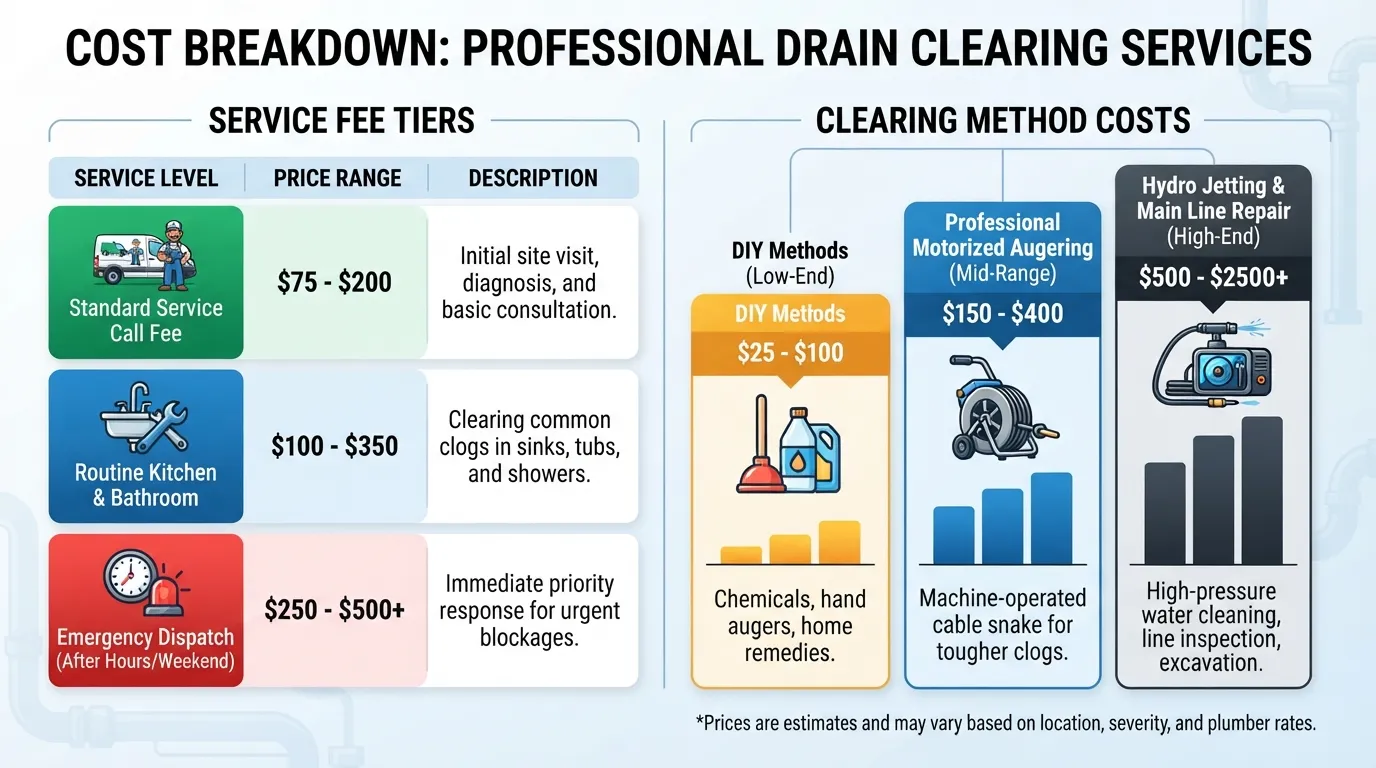 Infographic showing the average cost to unclog a drain, ranging from $100 to $350 for standard professional service calls.
