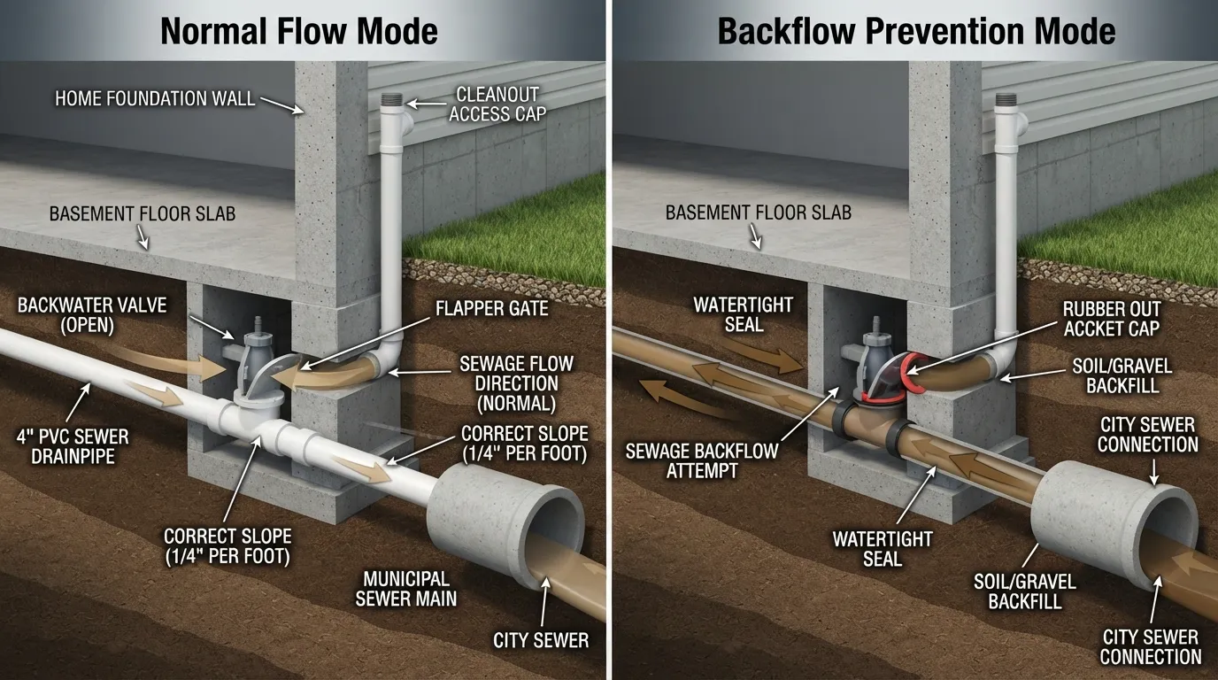 Cross-section diagram of a backwater valve installed on a main sewer line, illustrating how the flapper gate prevents sewage backflow into a basement during a flood.