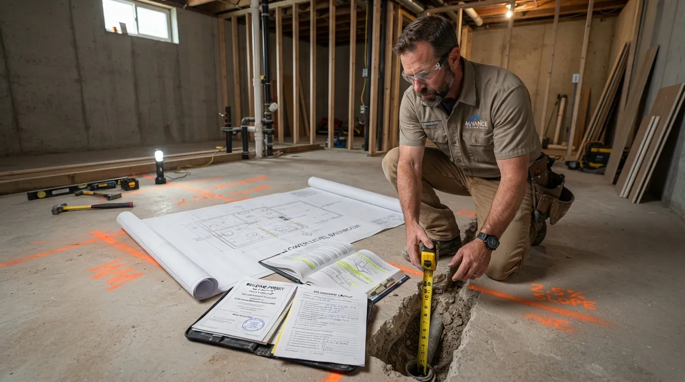 Contractor reviewing basement plumbing blueprints, permit documents, and exploratory drain depth measurements before starting shower installation.
