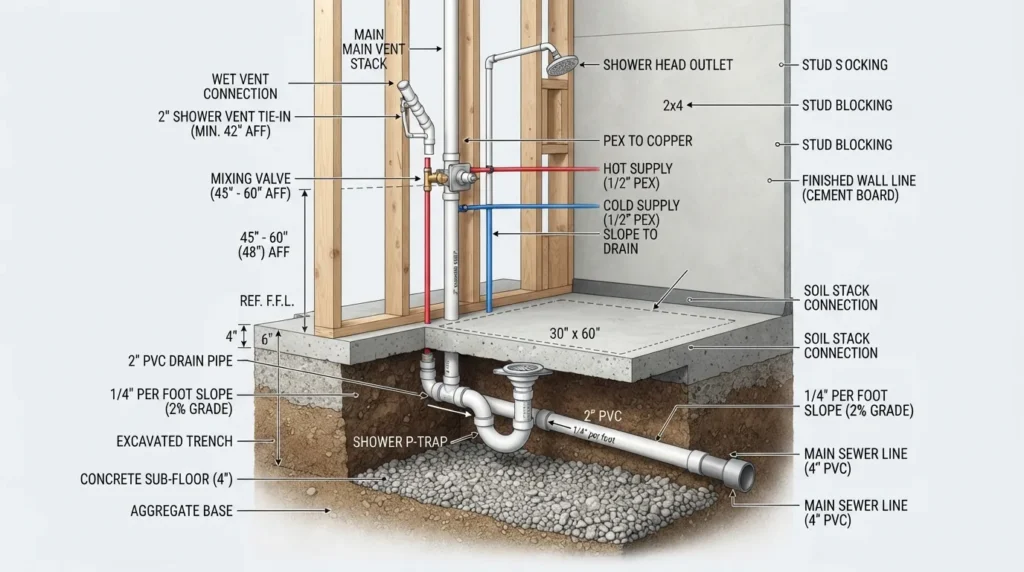 Cutaway diagram showing basement shower plumbing installation including sub-slab 2-inch drain pipe, P-trap, and 1/4-inch slope