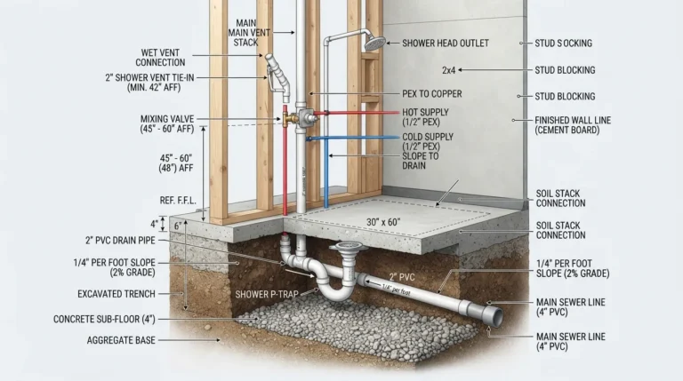 Cutaway diagram showing basement shower plumbing installation including sub-slab 2-inch drain pipe, P-trap, and 1/4-inch slope