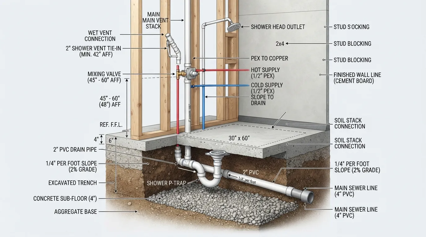 Cutaway diagram showing basement shower plumbing installation including sub-slab 2-inch drain pipe, P-trap, and 1/4-inch slope