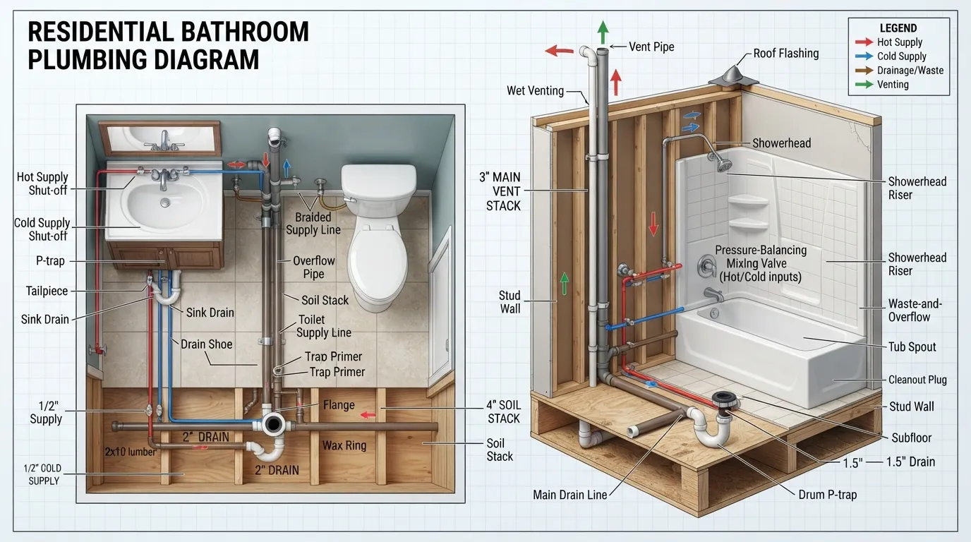 An overhead and cutaway diagram of a bathroom layout showing the plumbing infrastructure, including pipes for the sink, toilet, shower, and main vent stack.