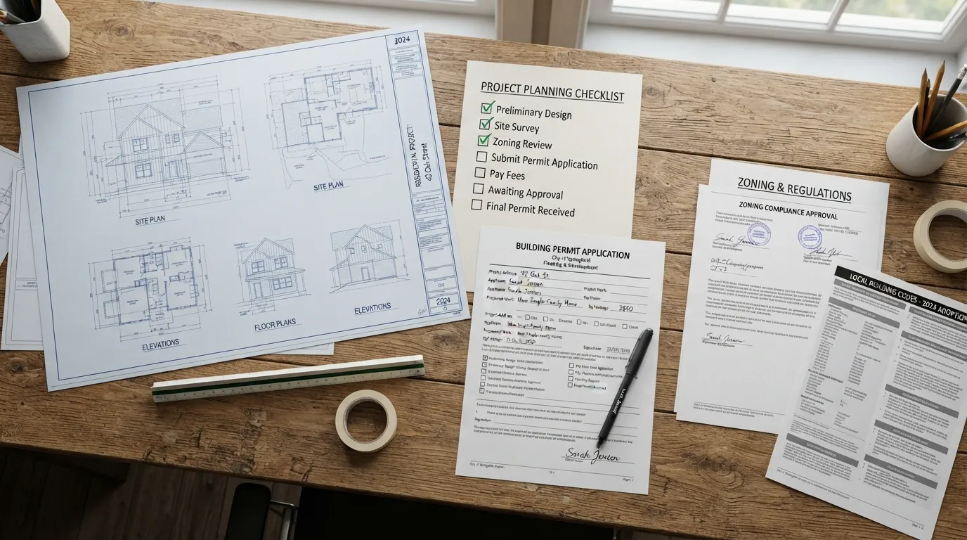A checklist and construction blueprint laying out code permit requirements and planning steps before starting a project.