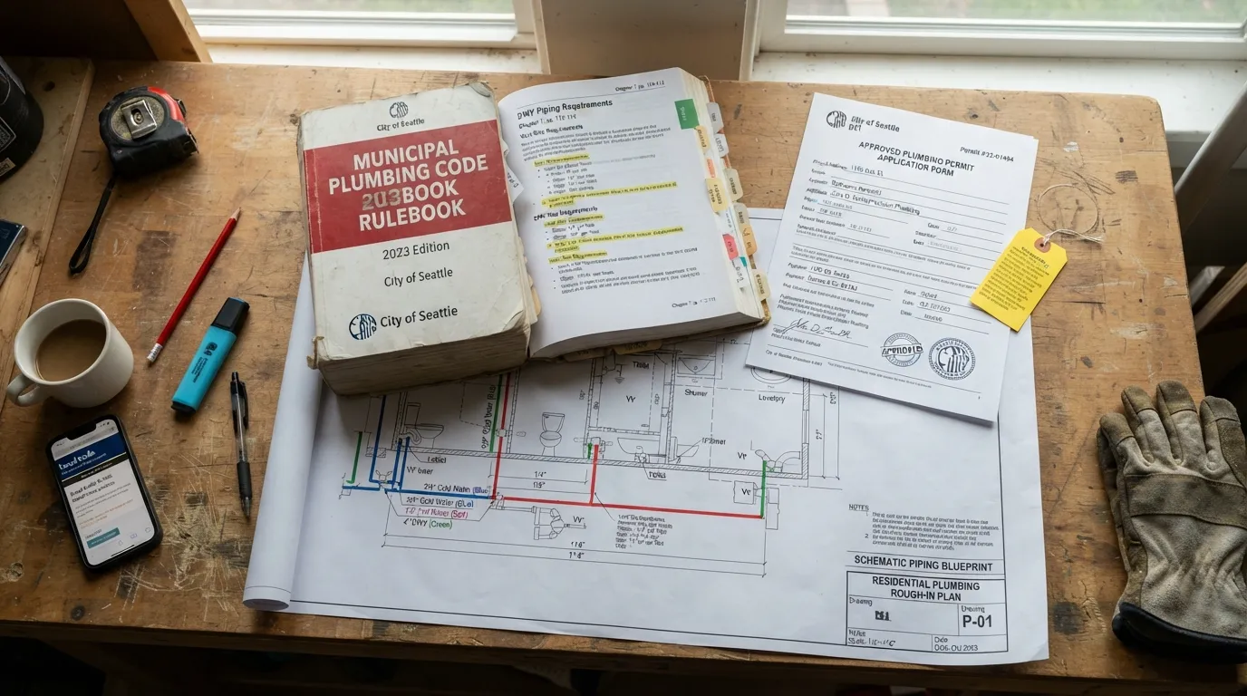 A detailed plumbing code checklist, local permit application document, and blueprint layout on a desk before starting a plumbing project.