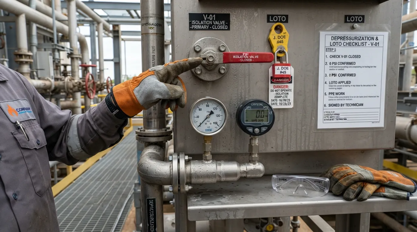 A technician in protective gear checking pressure gauges and safety valves before initiating the depressurization process on industrial equipment.