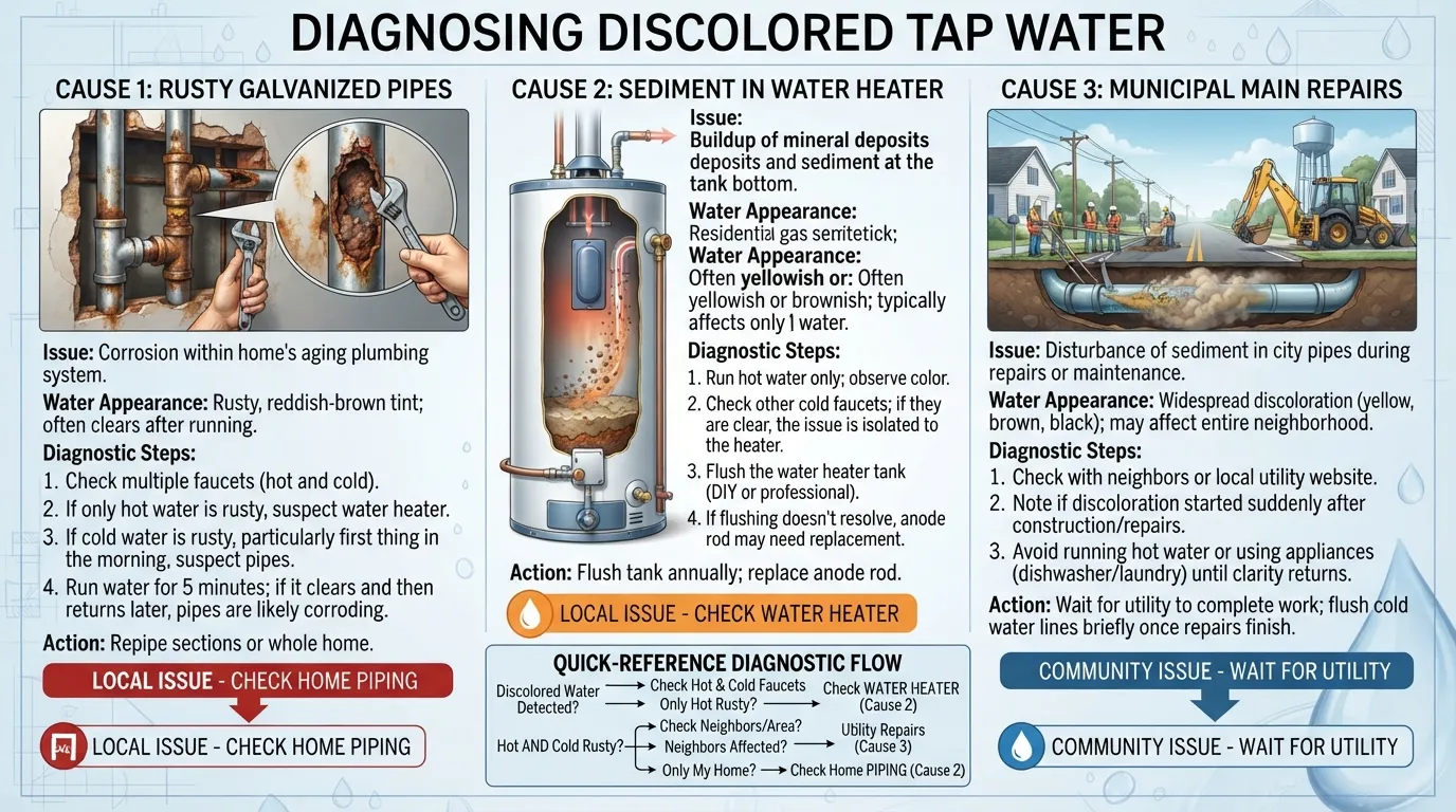 Close-up view of discolored brown water running from a bathroom sink faucet due to sediment or pipe rust.