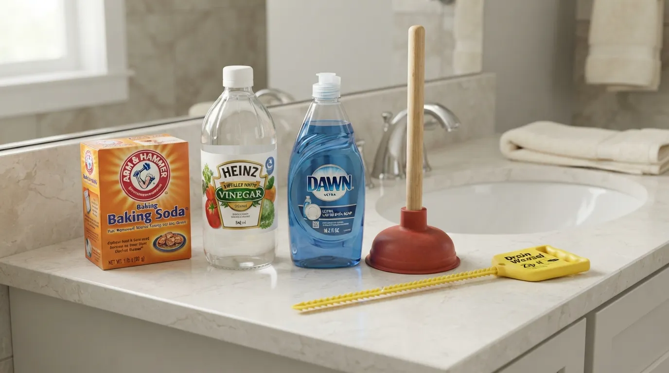 DIY plumbing tools and home remedy ingredients laid out on a bathroom counter for budget friendly bathtub unclogging.