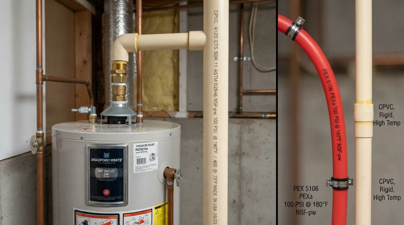 Close-up view of creamy-yellow CPVC plumbing pipes and fittings used for hot water supply lines and fire sprinkler systems.