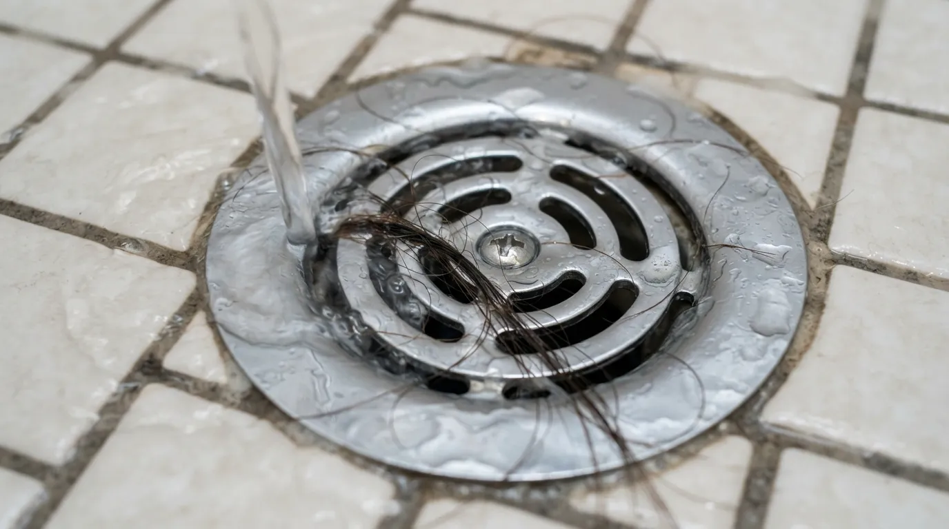 A close-up shot of loose strands of hair going down a residential shower drain while running water flushes them into the plumbing pipe.