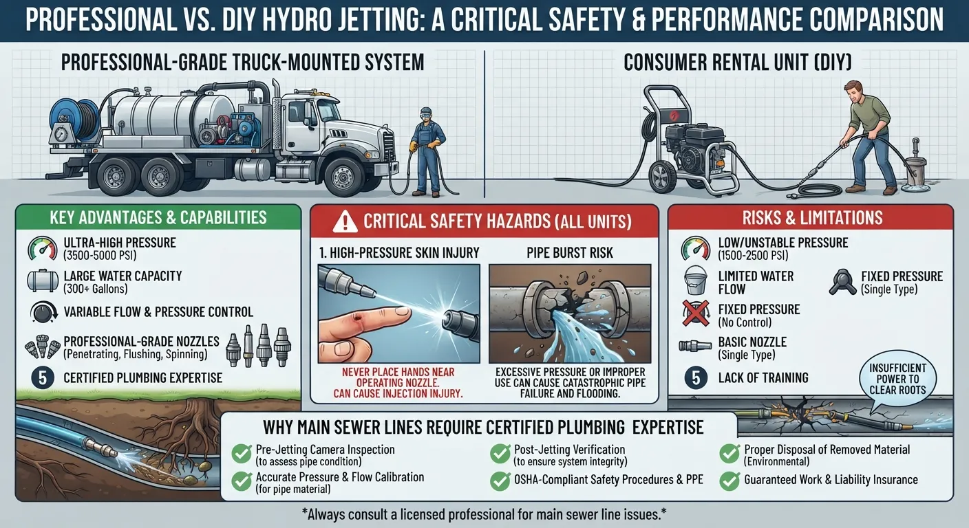 Plumber using professional high-pressure hydro jetting equipment compared to a consumer rental pressure washer