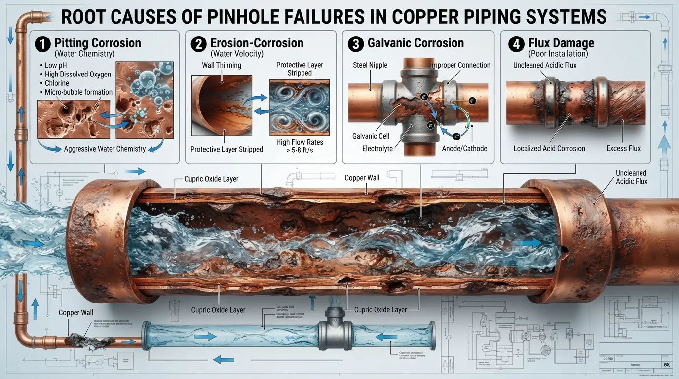 Infographic illustrating the primary documented causes of pinhole leaks in copper pipes, including pitting corrosion, high water velocity, galvanic action, and flux residue.
