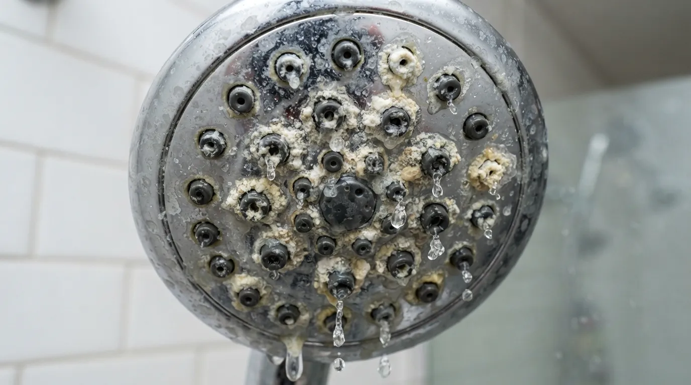 Close-up photo of a shower head nozzle clogged with white mineral scale and hard water buildup.