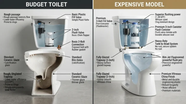 Side-by-side comparison of a budget toilet and a premium toilet highlighting differences in trapway glazing, internal flush valves, and porcelain density.