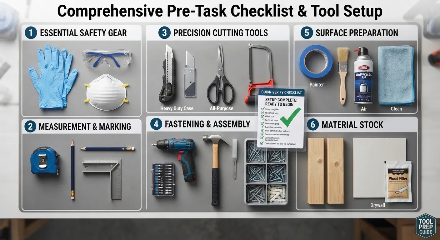 Flat lay arrangement of essential tools and preparation items needed for the task, neatly organized on a clean surface.