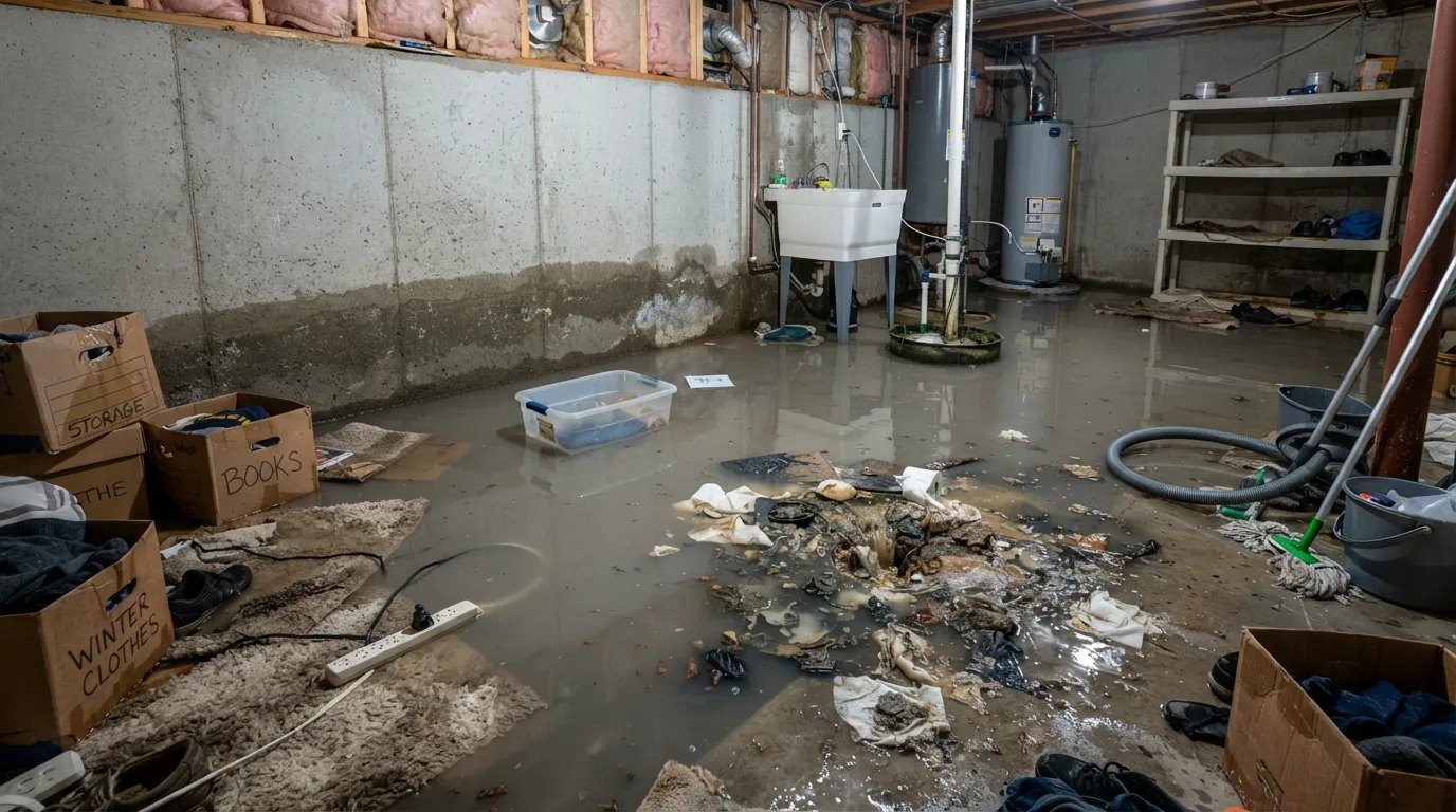 A photograph showing a severe basement flood caused by a backed-up sewer drain, illustrating the damage of clogged plumbing systems.