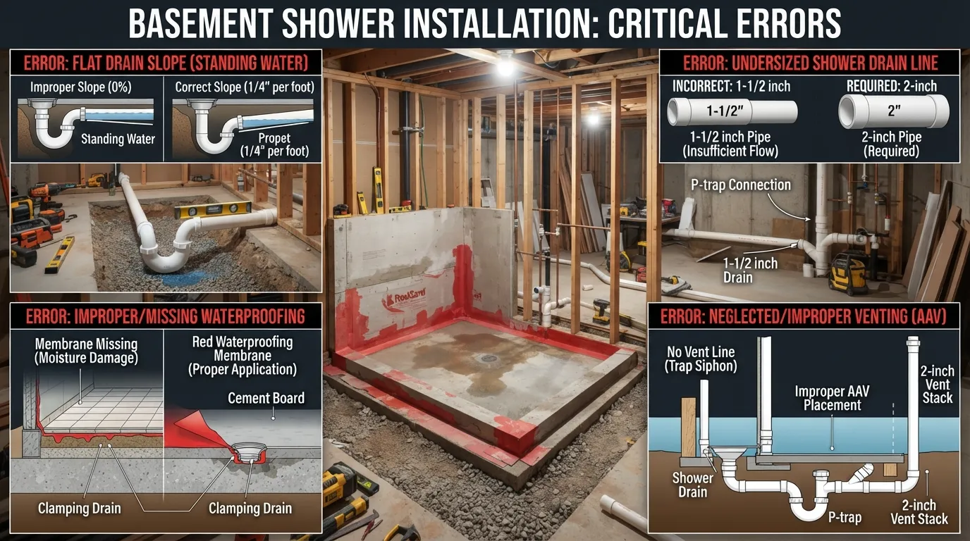 Infographic illustrating common basement shower plumbing mistakes including incorrect drain slope, undersized piping, and missing waterproof membranes.