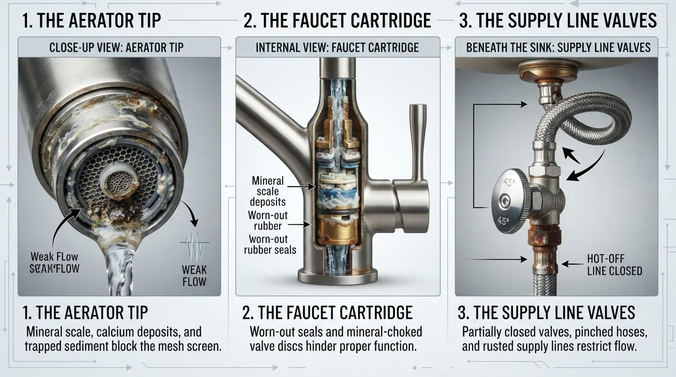 Cross-section diagram illustrating common causes of low water pressure in a kitchen faucet, including aerator clogs, cartridge buildup, and supply line kinks.