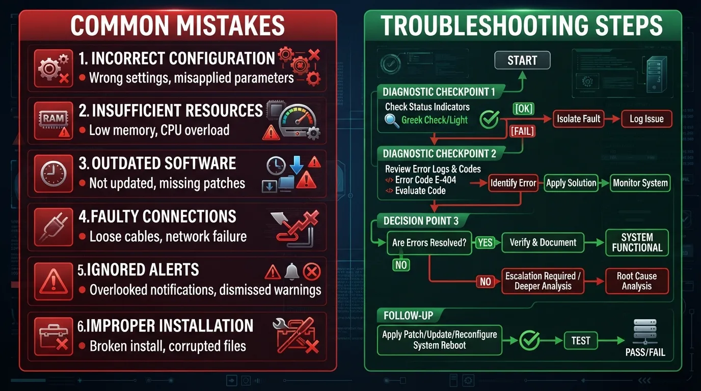 A side-by-side troubleshooting flowchart and checklist highlighting common errors, diagnostic steps, and corrective solutions for technical problem-solving.