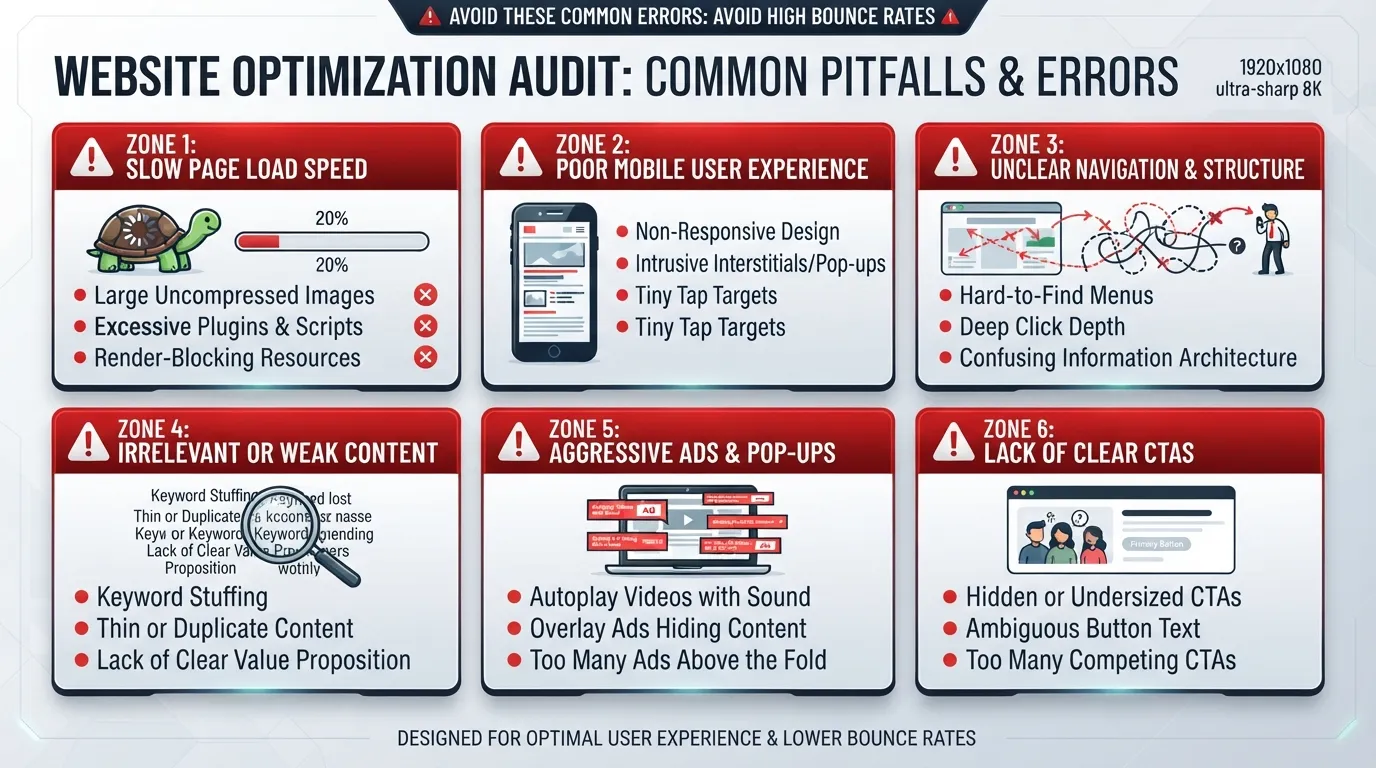 Infographic highlighting common mistakes to avoid, featuring warning icons and a checklist of pitfalls to steer clear of.