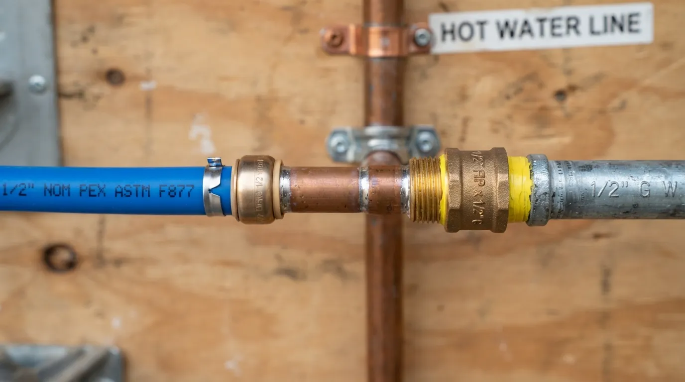 Close-up photo of PEX tubing joined to a copper pipe and a threaded metal pipe using specialized transition fittings and crimp rings.
