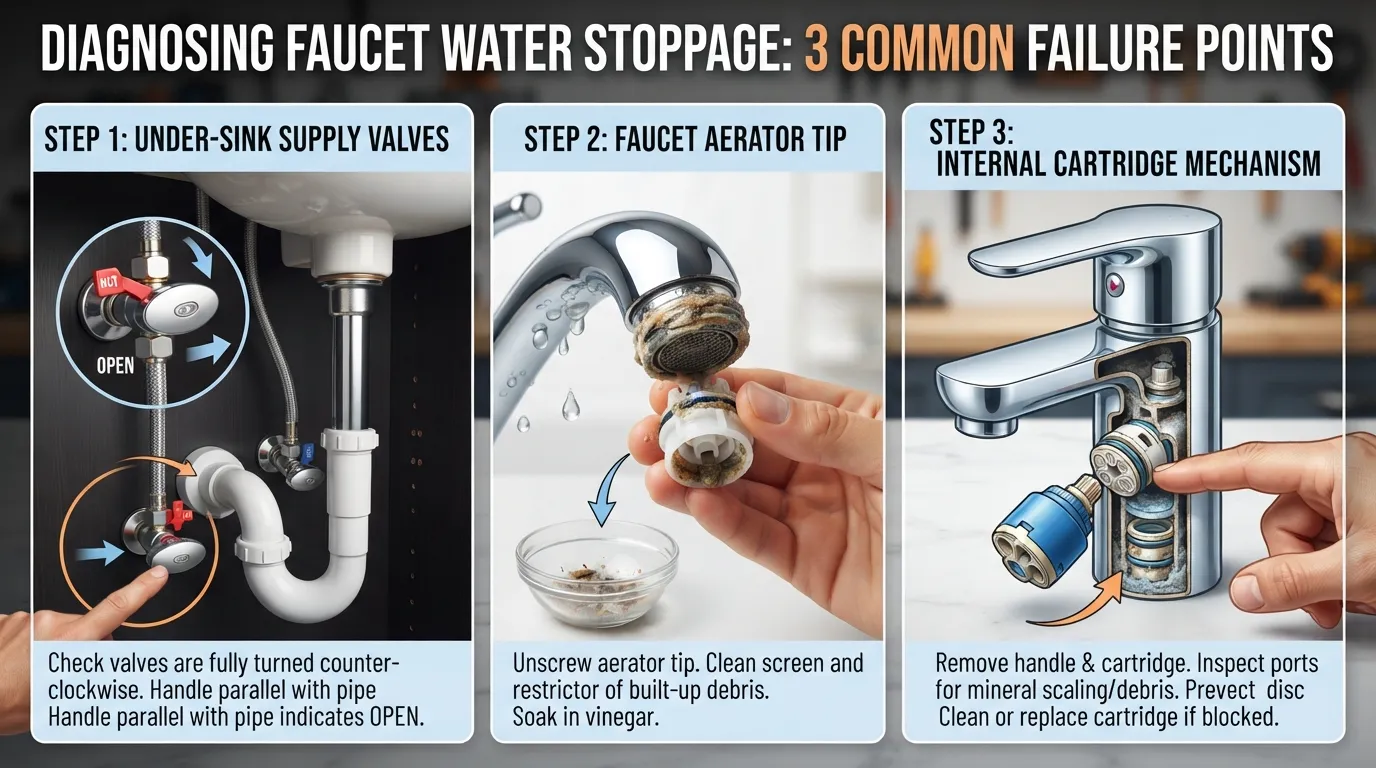 Close-up diagram illustrating under-sink shut-off valves, a clogged faucet aerator screen, and an internal mixing cartridge