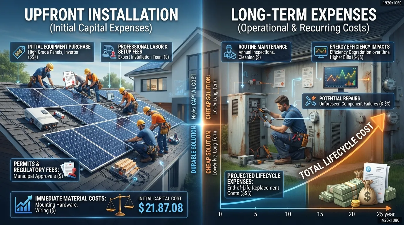 A financial breakdown infographic comparing initial installation costs with long-term operating expenses, featuring a split-screen layout showing upfront equipment and labor fees on one side and ongoing maintenance and utility costs over time on the other.
