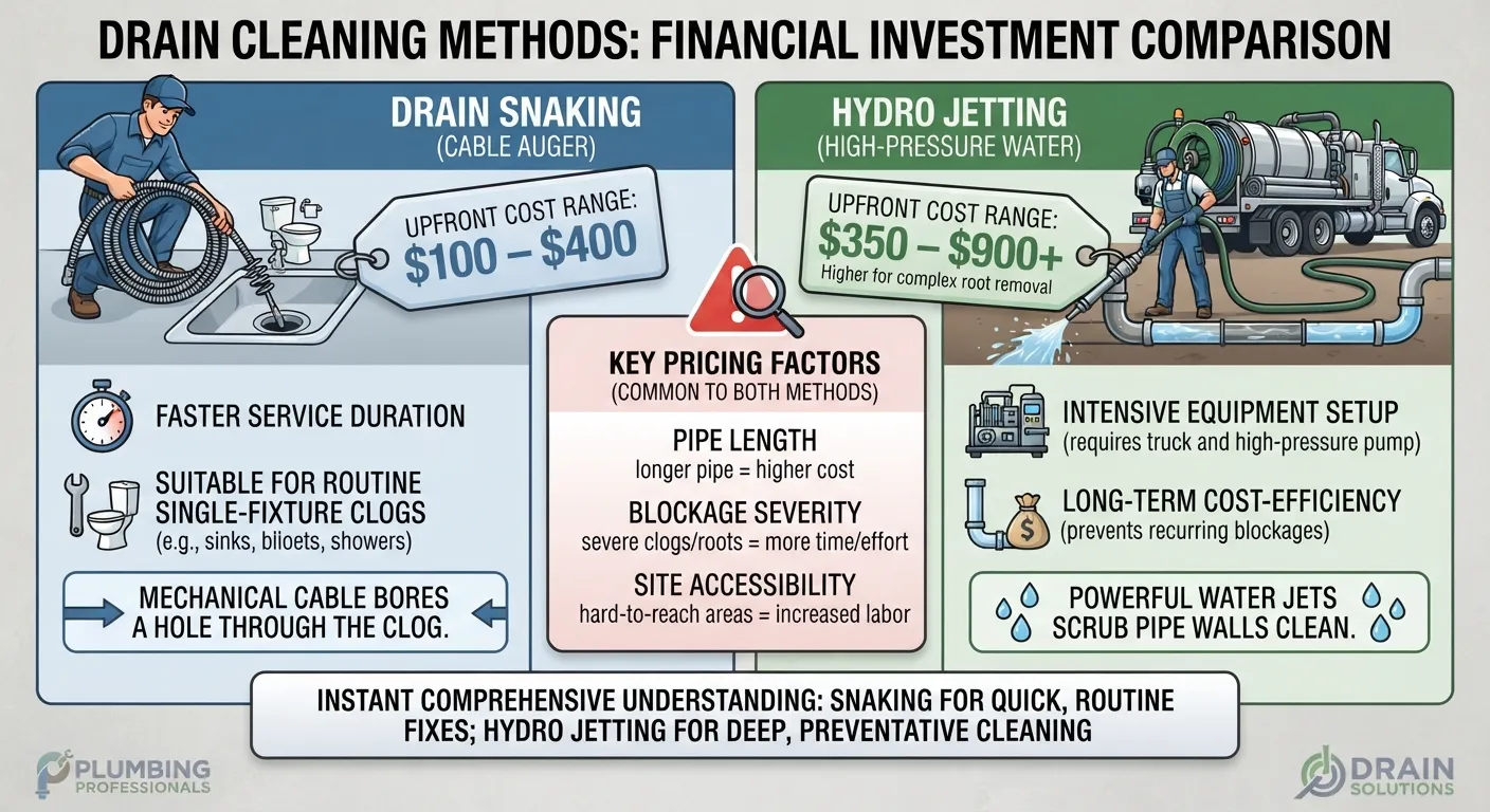 A clear breakdown of average pricing, labor factors, and long-term value comparing drain snaking and hydro jetting services.