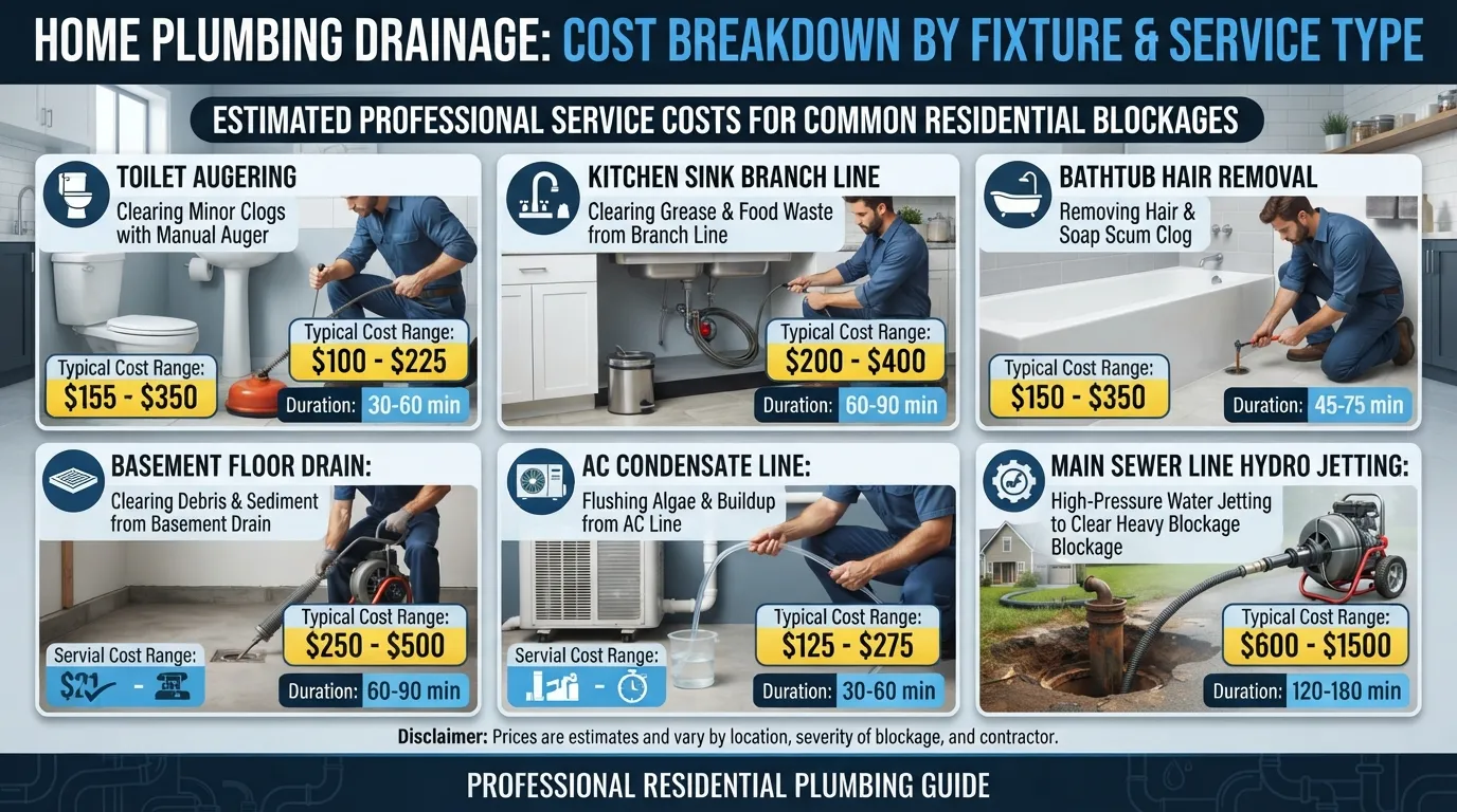 Infographic showing plumbing cost breakdown for unclogging different drains including toilets, kitchen sinks, bathtubs, and main sewer lines.