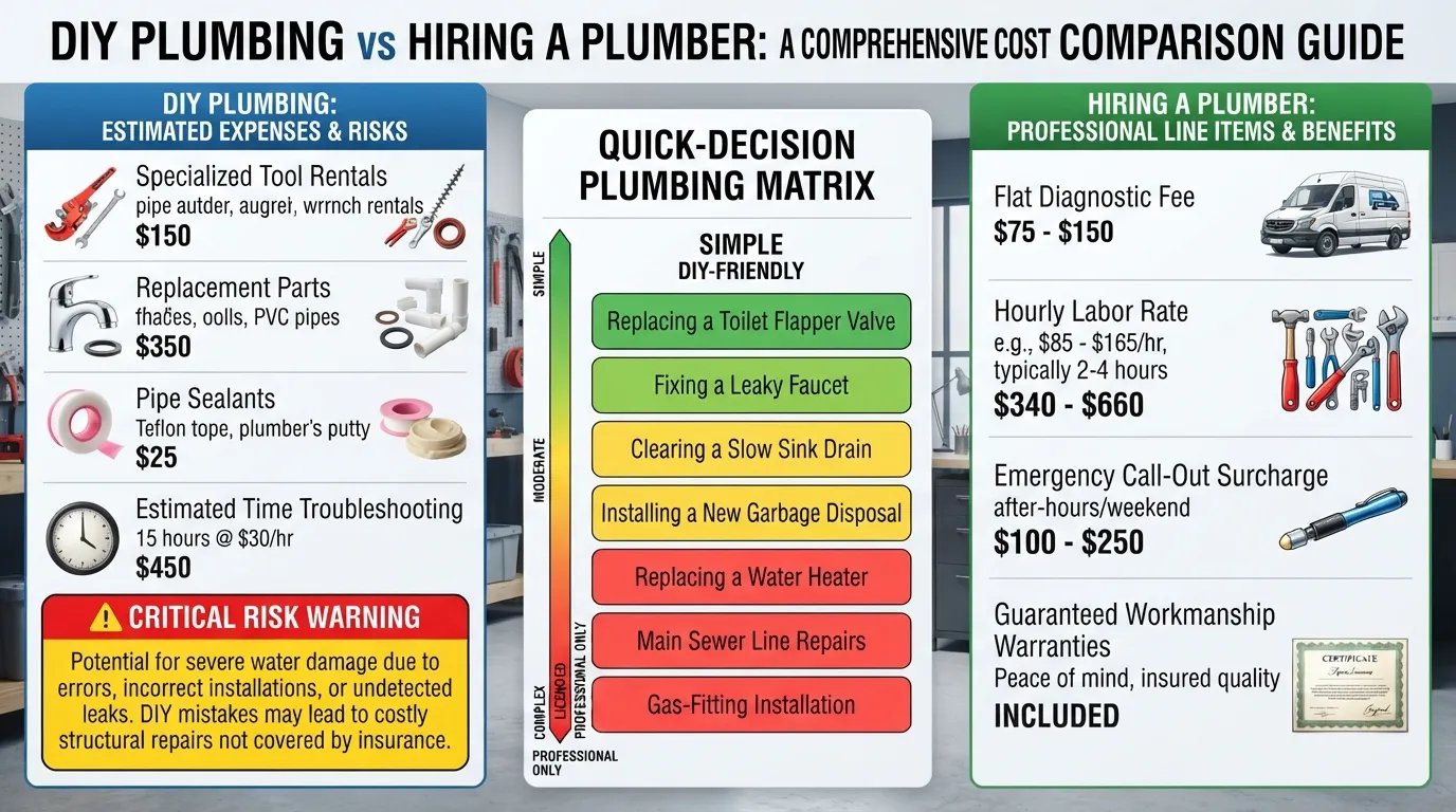 Infographic comparing DIY plumbing repair costs including tools and materials versus professional plumber labor rates and service fees.