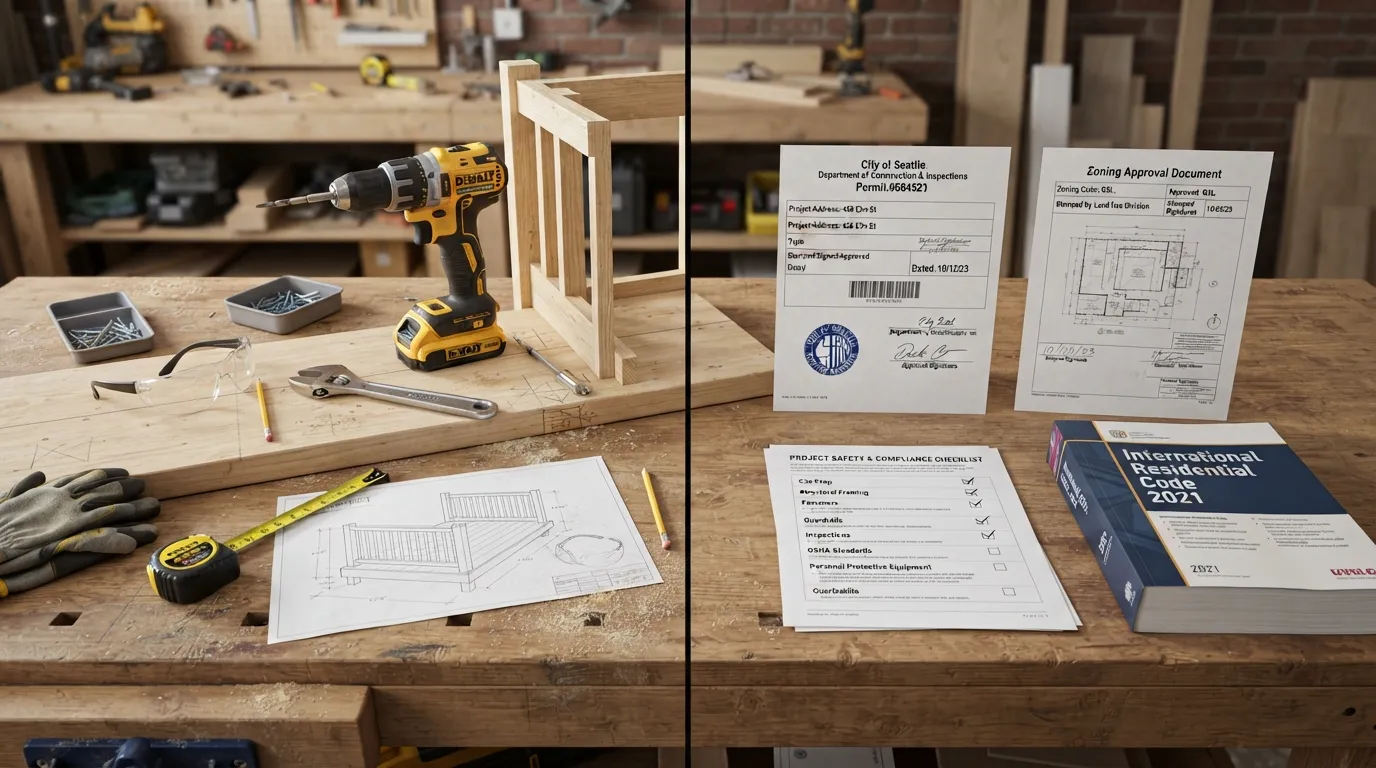 A homeowner reviewing DIY installation tools next to an official building permit document and a local legal compliance checklist.