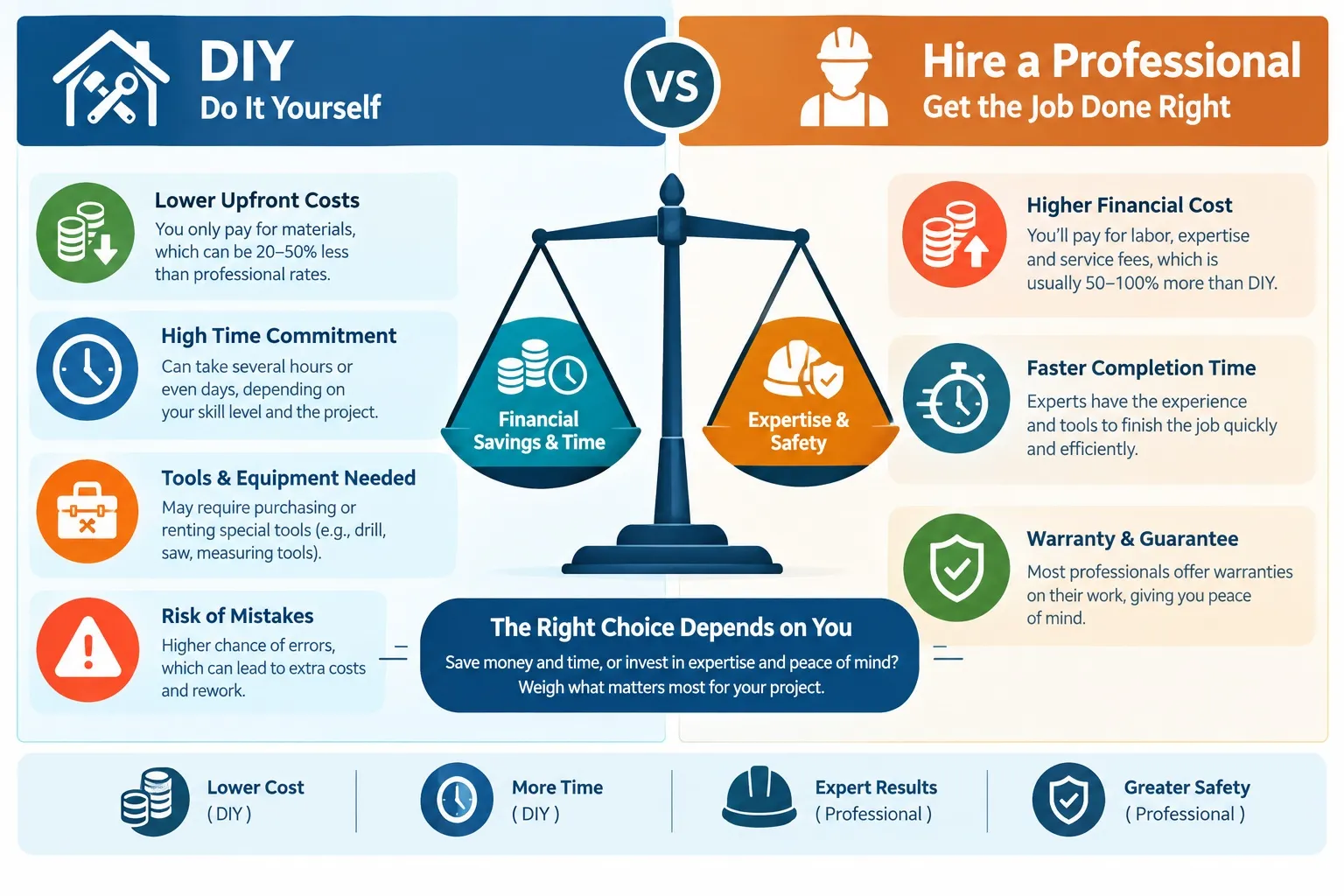 Infographic comparing DIY home repair versus hiring a professional, detailing cost, time investment, skill level, and risk factors.
