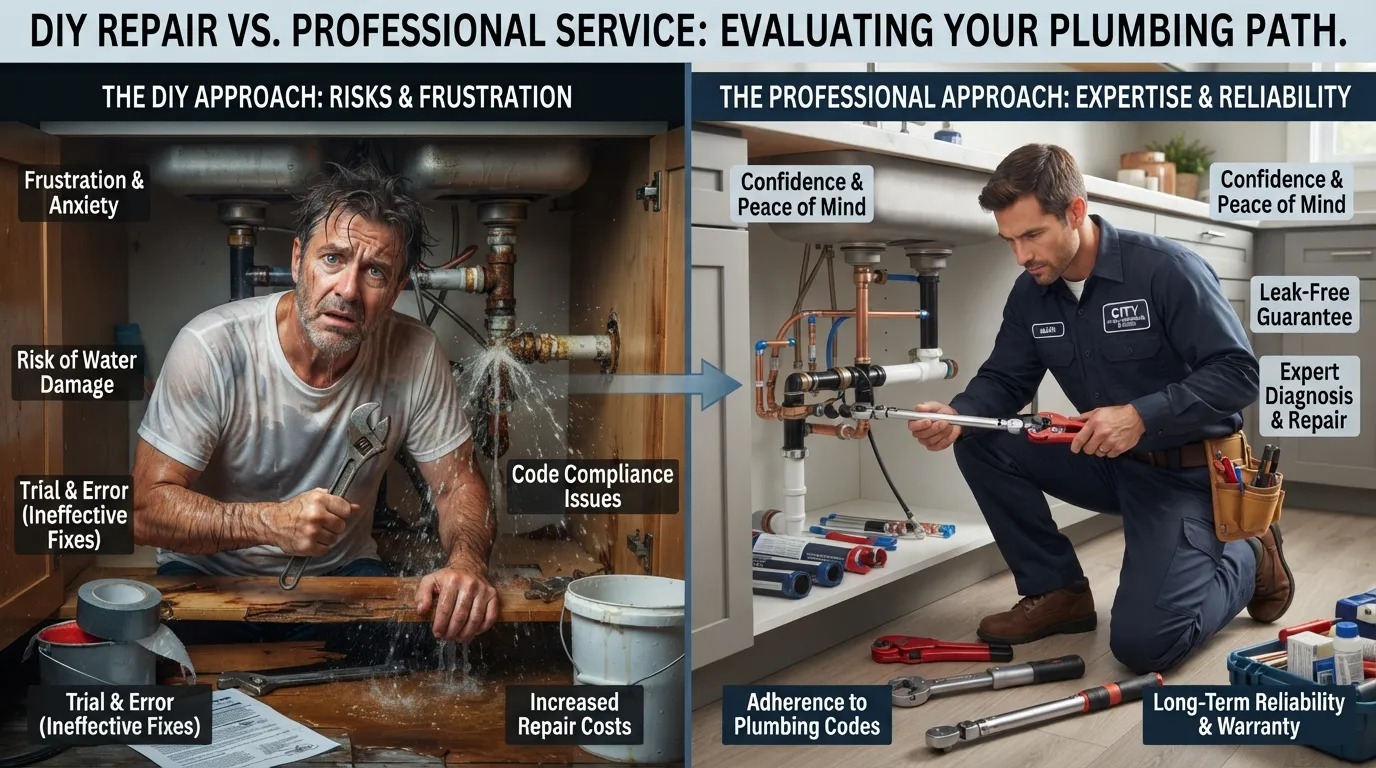 A side-by-side comparison showing a homeowner attempting a DIY pipe repair with basic tools versus a professional licensed plumber equipped with advanced diagnostic equipment working under a sink.
