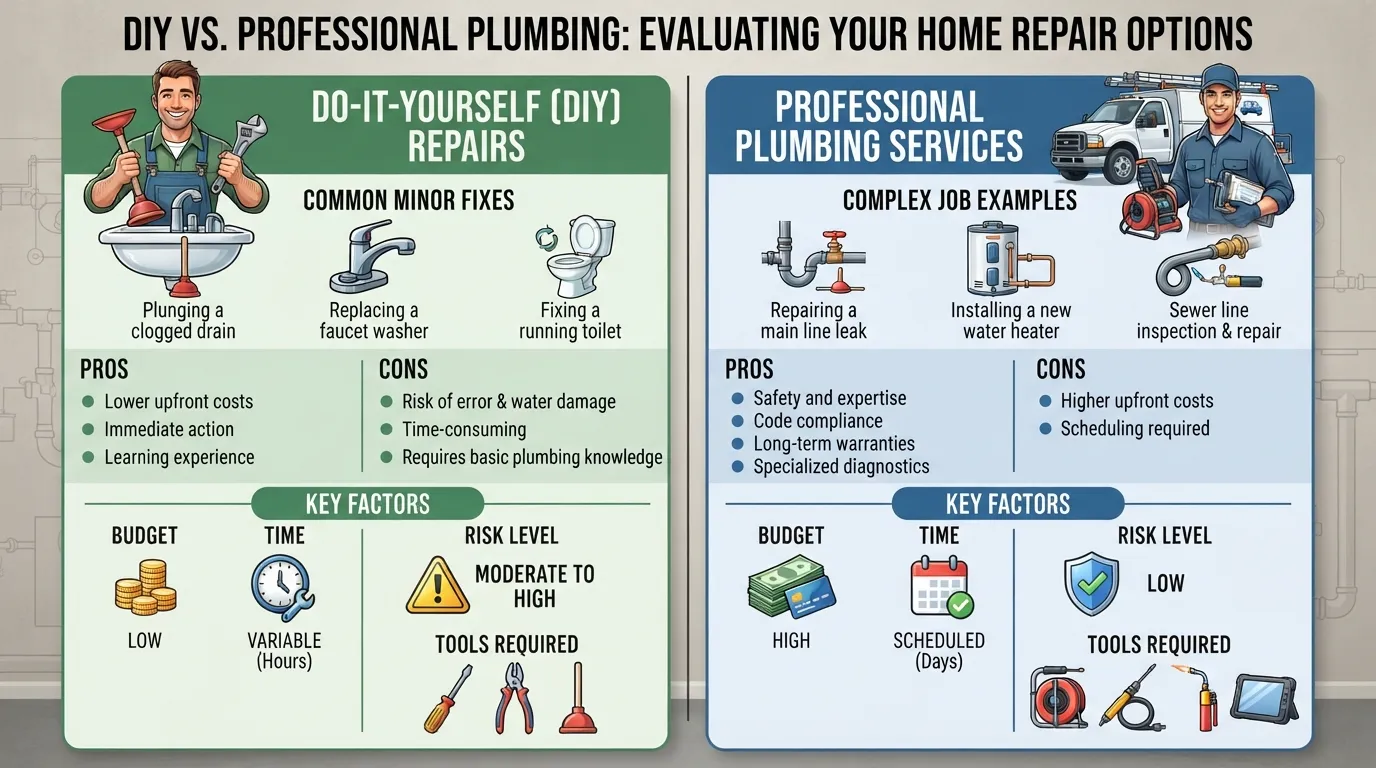 A split-screen comparison showing a homeowner fixing a sink DIY style on one side and a professional plumber using tools on the other.